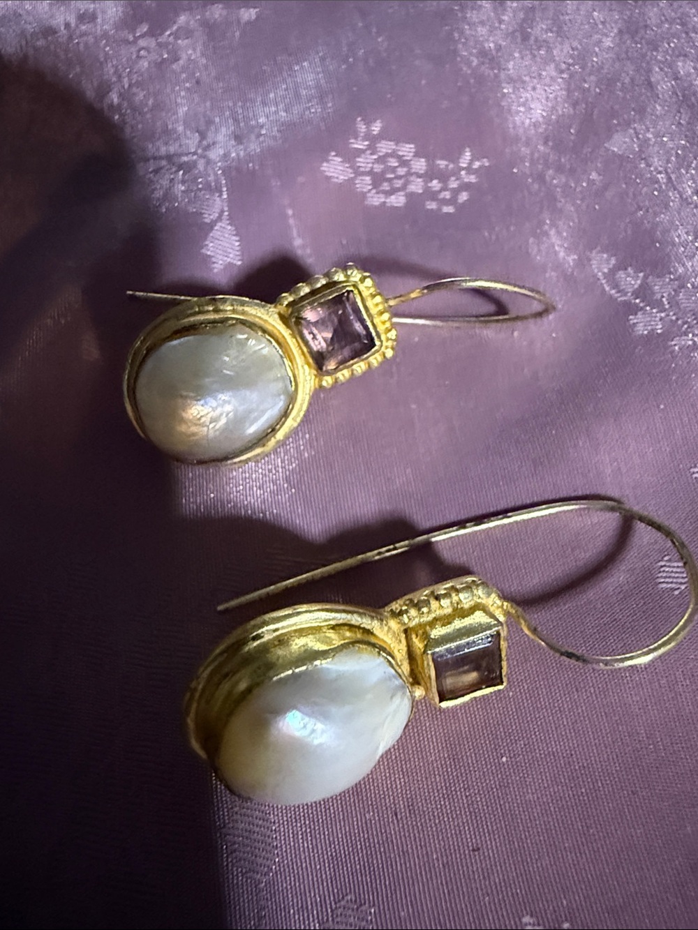 Gold tone, Sterling, silver, and amethyst Pearl Drop Earrings - Women Jewelry